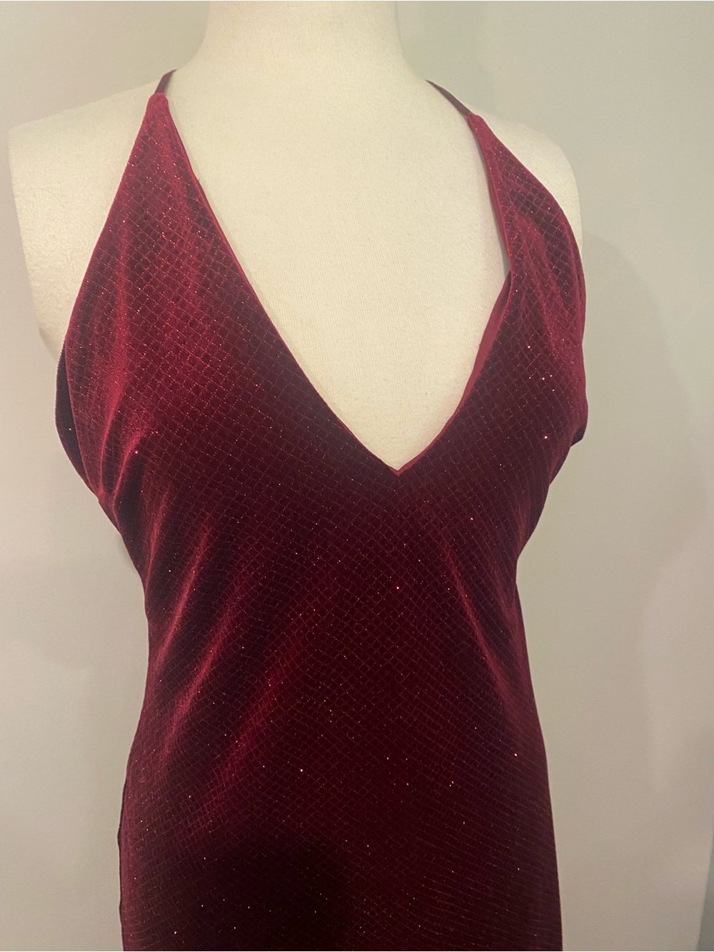 Elegant Burgundy Velvet Halter Evening Gown Sz 11/12